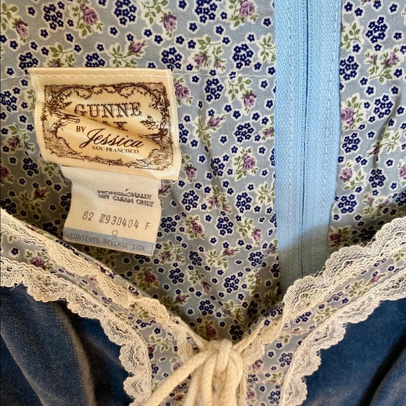 Gunne Sax Blue Velvet Sleeping Beauty Gown Maxi Dress Ditsy Floral Print S M 9 - Picture 2 of 4